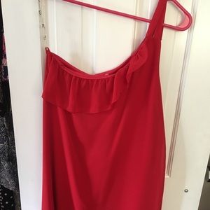 Francesca’s red one shoulder dress